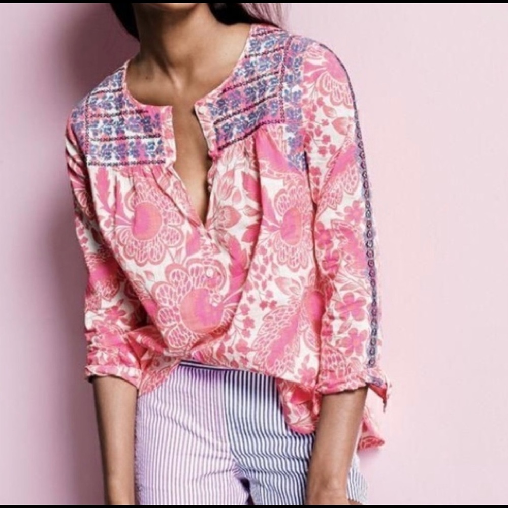 j. Crew Printed embroidered placket pink top Sz M